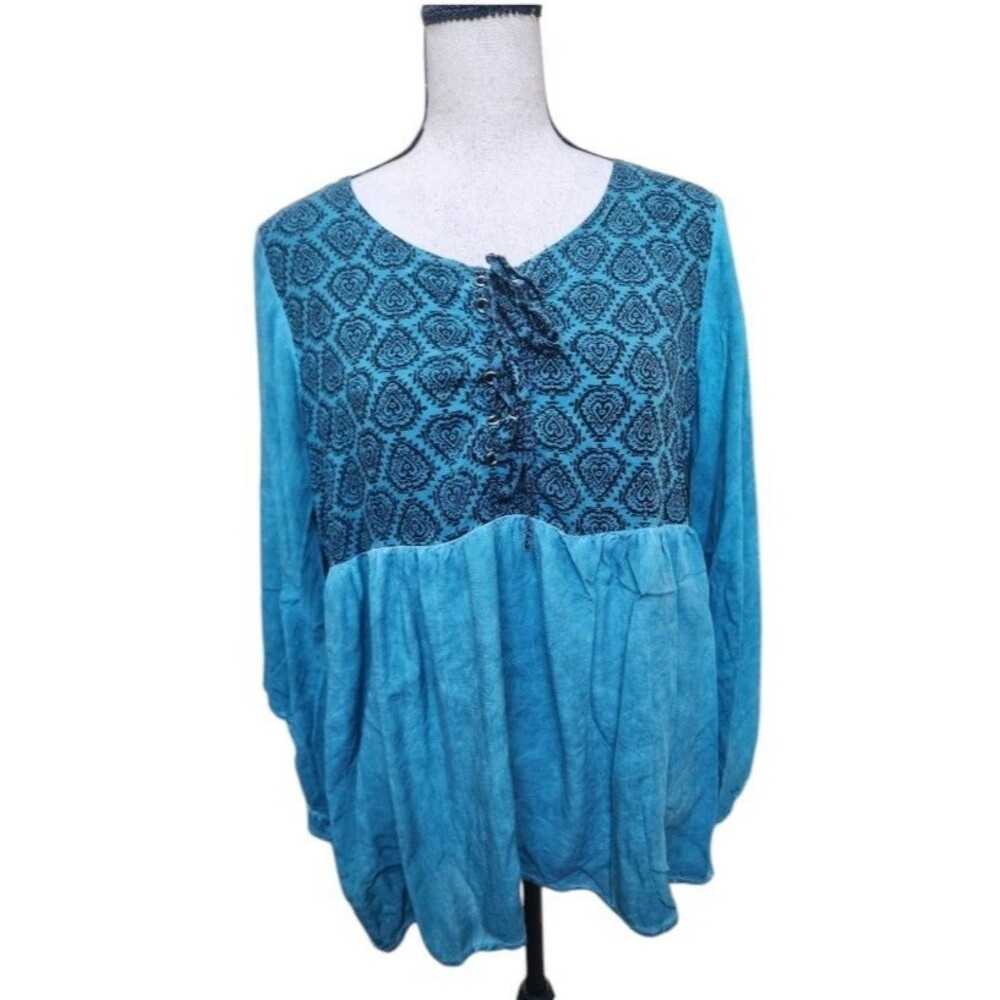 UMGEE Peasant Boho Blouse Size Medium Long Sleeve Blue Lace Up Chest